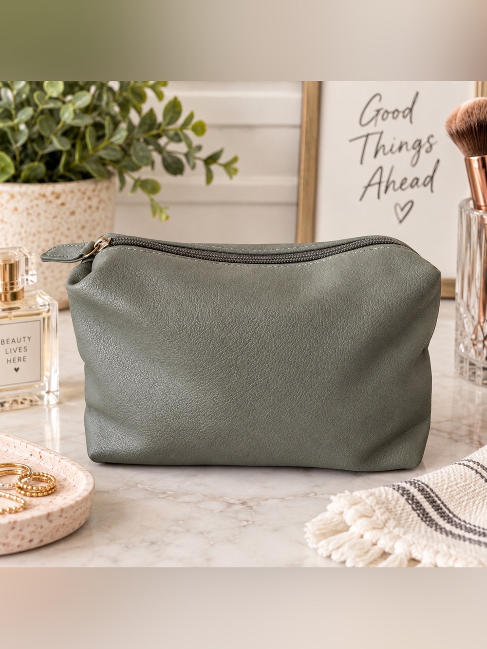 Anthropologie Gray Olive Travel Makeup Cosmetic Zip Pouch Bag